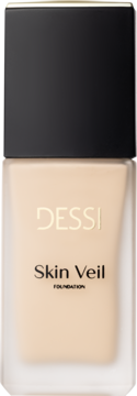 DESSÌ Skin Veil Foundation, beżowy podkład o satynowym wykończeniu w prostokątnej, matowej butelce z czarną nakrętką. Widok z przodu.