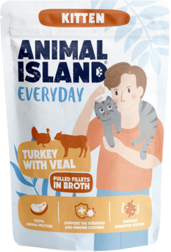 Białe opakowanie karmy Animal Island Everyday Kitten, indyk i cielęcina, ilustracja osoby z kotem, widok z przodu.