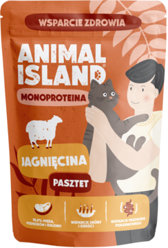 Orange saszetka karmy Animal Island Monoproteina Pasztet Jagnięcina dla kota, widok z przodu, z kotem i człowiekiem.
