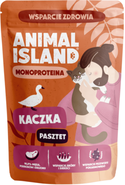 Pomarańczowa saszetka Animal Island, monobiałkowa mokra karma pasztet dla kotów z kaczką, widok z przodu.