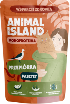 Pomarańczowa saszetka karmy dla kota Animal Island Monoproteina Przepiórka Pasztet, wsparcie zdrowia.