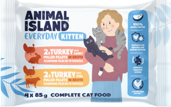 Animal Island Everyday Kitten mokra karma, 4x85g. Biała saszetka z indykiem, królikiem i cielęciną, widok z przodu.