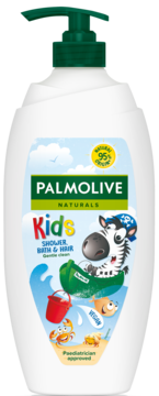 Palmolive Naturals Kids żel prysznic, kąpiel i włosy z zebrą, mlekiem migdałowym, wanilią, widok z przodu.