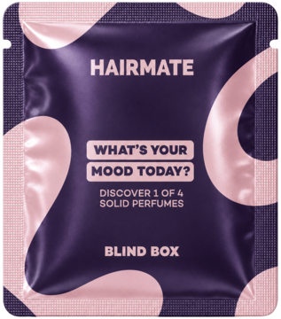 Fioletowo-różowa saszetka Hairmate Blind Box, limitowana edycja perfum do ciała w kremie, tekst: 'What's your mood today?'