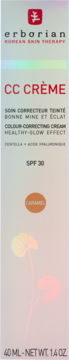 Erborian CC Crème Caramel SPF 30 w białym pudełku, widok z przodu, z czerwonym logo i nazwą produktu.
