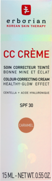 Erborian CC Crème Caramel SPF 30, białe holograficzne opakowanie, widok z przodu, 15 ml.