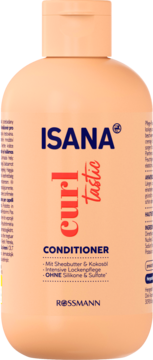 Isana Curl Tastic odżywka do włosów z masłem shea i olejem kokosowym, beżowa butelka, widok z przodu.