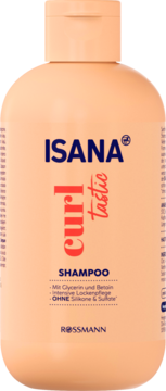 ISANA Curl tastic SHAMPOO w brzoskwiniowej butelce. Szampon do loków bez silikonów i sulfatów. Widok z przodu.