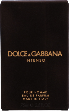 Czarne pudełko Dolce & Gabbana Pour Homme Intenso, woda perfumowana męska 75ml. Jasny napis, widok z przodu.