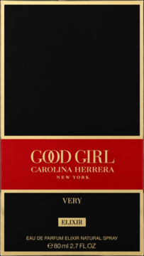 Carolina Herrera Very Good Girl Elixir Eau de Parfum, czarno-czerwone pudełko ze złotymi detalami, widok z przodu, 80ml.