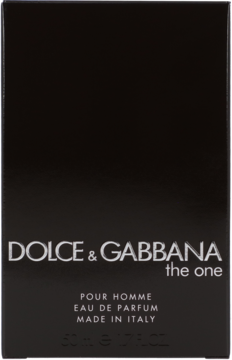Czarne pudełko perfum Dolce & Gabbana The One For Men Eau de Parfum 50ml, front, srebrne napisy.