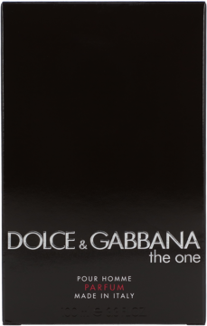 Czarne pudełko perfum męskich Dolce & Gabbana The One For Men, srebrne logo, widok z przodu.