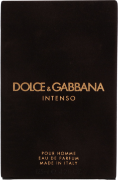 Ciemnobrązowe pudełko Dolce & Gabbana Intenso Pour Homme Eau de Parfum 125ml, złote napisy na froncie.