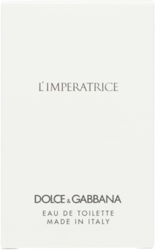 Białe opakowanie wody toaletowej Dolce & Gabbana L’Imperatrice, z jasnoszarym logo i napisem, widok z przodu.