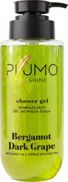 Piumo Your Shine nawilżający żel pod prysznic Bergamot & Dark Grape, shimmery zielony, z przodu, w butelce z pompką.