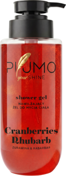Piumo Your Shine nawilżający żel pod prysznic żurawina rabarbar, w czerwonej butelce z czarną pompką, widok z przodu.