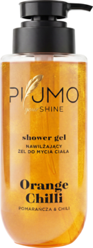 Piumo Your Shine nawilżający żel do mycia ciała Orange Chili, złoty płyn w butelce z pompką, widok z przodu.