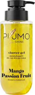 Złoty, nawilżający żel Piumo Your Shine Mango Passion Fruit w butelce z pompką, widok z przodu.