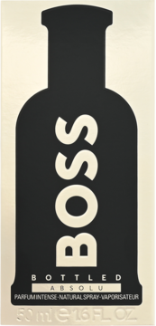BOSS Bottled Absolu Parfum Intense. Czarny kontur flakonu z białym napisem BOSS, widok z przodu na beżowym tle.