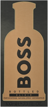 BOSS BOTTLED ELIXIR Parfum Intense 100ml, brązowe opakowanie w kształcie stylizowanej butelki, czarne napisy, widok z przodu.