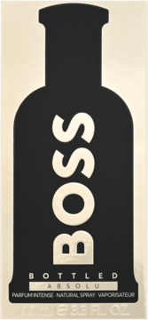 Opakowanie perfum BOSS Bottled Absolu 100ml, czarna sylwetka butelki z białym logo na beżowo-złotym tle.