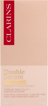Opakowanie Clarins Double Serum Foundation, jasnobeżowe z czerwonym logo, widok z przodu. Fluid-serum do twarzy.