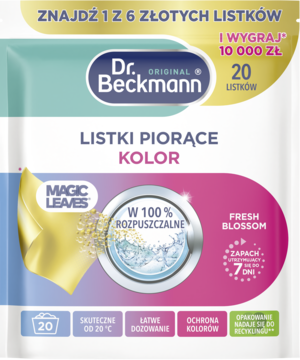 Opakowanie Dr. Beckmann Listki Piorące Kolor Fresh Blossom, 20 sztuk, biało-różowe z akcentami teal i złotym listkiem.