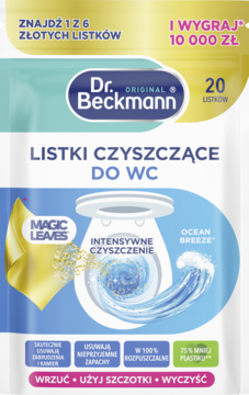 Dr. Beckmann Listki czyszczące do WC Ocean Breeze, 20 sztuk. Biało-niebieskie opakowanie z falą i toaletą.