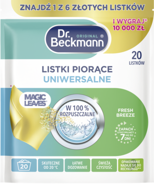 Dr. Beckmann Uniwersalne Listki Piorące Fresh Breeze, 20 szt., biało-zielona saszetka z promocją.