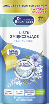 Dr. Beckmann Listki Zmiękczające Floral Fresh, 14 rozpuszczalnych arkuszy Magic Leaves na 28 prań. Opakowanie niebiesko-białe.
