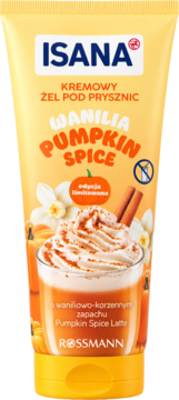 Kremowy żel pod prysznic Isana Wanilia Pumpkin Spice w żółtej tubce. Z przodu grafika latte, dyni, wanilii. Edycja limitowana.