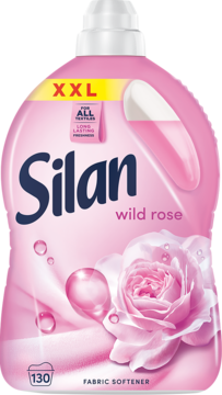 Różowy płyn Silan Wild Rose XXL do tkanin, butelka z różą i kropelkami, widok z przodu.
