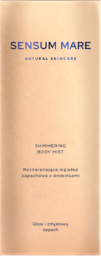 Sensum Mare Shimmering Body Mist, rozświetlająca mgiełka zapachowa, jasne opakowanie, front, niebieski tekst.