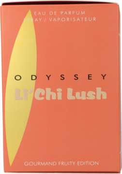 Pomarańczowe pudełko damskiej wody perfumowanej Armaf Odyssey Li'Chi Lush Eau de Parfum. Z przodu żółty pasek.