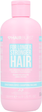 Różowa butelka odżywki Hairburst For Longer Stronger Hair, widok z przodu, z niebieskim napisem i logo.