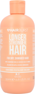 Hairburst Longer Stronger Hair Conditioner for dry, damaged hair, peach bottle, white text, frontal view, 350ml.