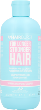 Hairburst For Longer Stronger Hair szampon 350ml w jasnoniebieskiej butelce, widok z przodu, różowy napis.