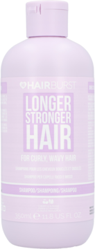 Jasnofioletowy szampon Hairburst Longer Stronger Hair do włosów kręconych, falowanych, butelka 350ml, widok z przodu.