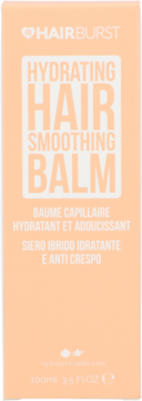 Hairburst Hydrating Hair Smoothing Balm, brzoskwiniowe opakowanie z jasnym tekstem, widok z przodu, 100ml.