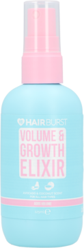 Hairburst Volume & Growth Elixir, błękitna butelka 125ml, awokado i kokos, różowy atomizer, widok z przodu.