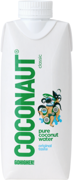 COCONAUT Pure Coconut Water, biała kartonowa butelka, widok z przodu, zielony napis, grafika z kokosową postacią.