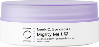 Geek & Gorgeous Mighty Melt Cleansing Balm, biały słoik z jasnofioletową zakrętką, widok z przodu, lekko z góry.