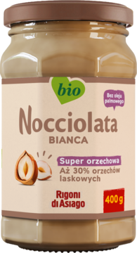 Nocciolata Bianca, krem orzechowy bio 400g, bez kakao i oleju palmowego, w szklanym słoiku, widok z przodu.