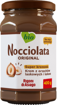 Nocciolata Original BIO krem orzechowo-kakaowy 400g, w brązowym słoiku z etykietą z orzechami laskowymi.