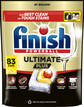 Przedni widok saszetek do zmywarki Finish Powerball Ultimate Plus 83 caps, czarno-złota torebka, na trudne plamy.