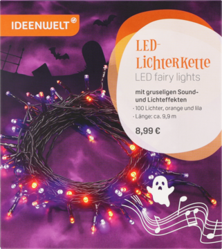 Halloweenowe lampki LED IDEENWELT, pomarańczowo-fioletowe, z efektem dźwięku, na pudełku z duchem.