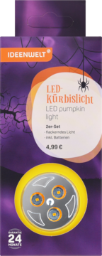 Fioletowe opakowanie IDEENWELT LED Kürbislicht, zestaw dwóch migoczących lampek dyniowych na Halloween.