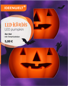 Dwie pomarańczowe dynie LED Ideenwelt z funkcją timera, wycięte twarze, jako zestaw Halloween. Widok z przodu.