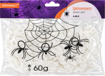 Sztuczna pajęczyna na Halloween w przezroczystym worku z rysunkami pająków i ceną, widok z przodu.