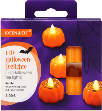 Fioletowe opakowanie z 4 pomarańczowymi świecami LED na Halloween w kształcie dyni, z funkcją timera.